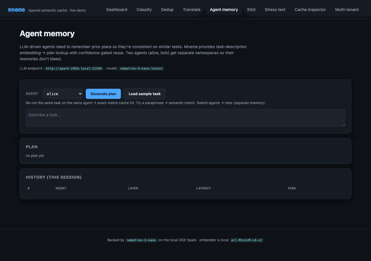 Agent memory page with agent selector (alice/bob), task input, generated multi-line plan, layer + latency, history table