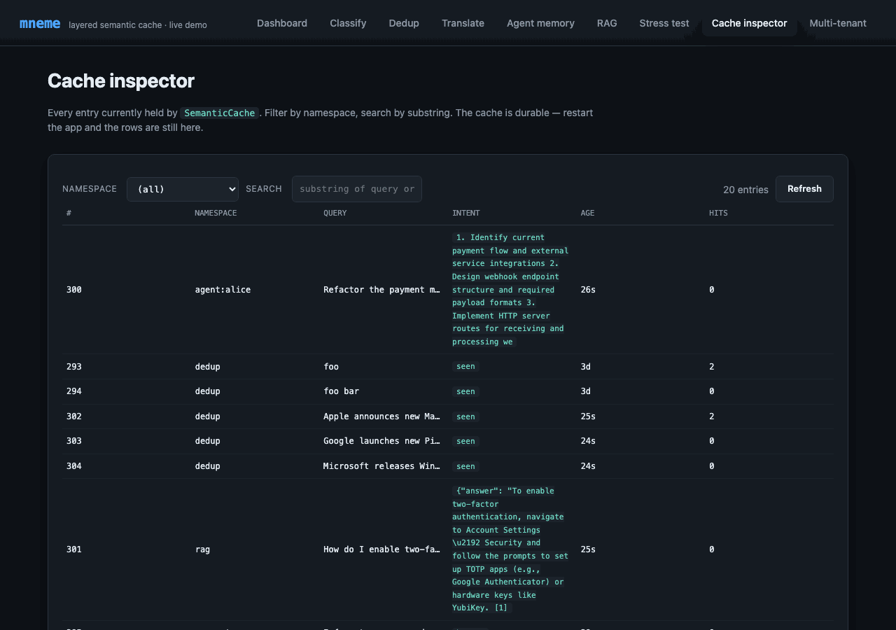 Cache inspector showing 72 entries with namespace, query, intent label, age, hit count