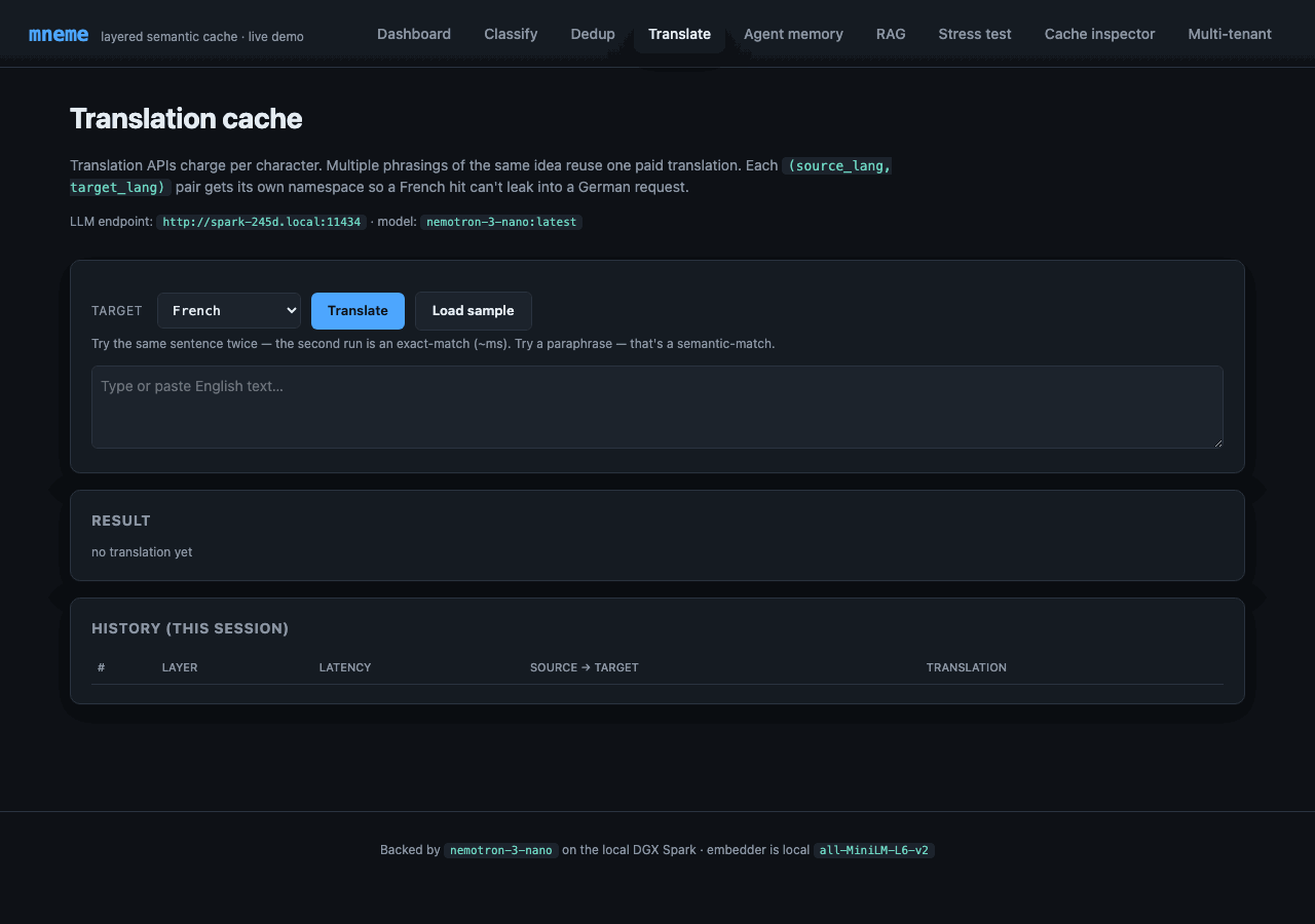 Translate page with target-language selector, source textarea, translated output, layer + latency badges, history table